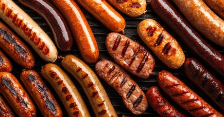 Street Food Background with Assortment of Grilled Sausages. AI generated illustration.