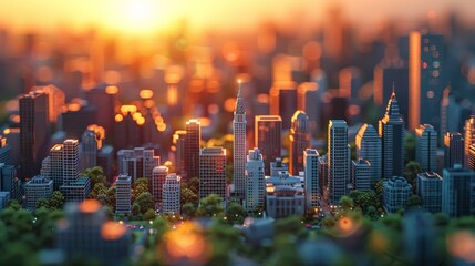 Golden hour cityscape, miniature city model at sunset.