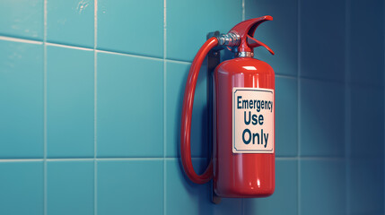 Emergency use only fire extinguisher mounted on blue tiled wall, providing safety and accessibility in case of fire. Essential for any emergency situation