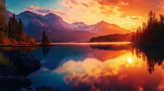 Breathtaking sunset over a tranquil lake surrounded by majestic mountains and vibrant colors reflecting on the waters surface