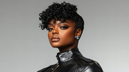 Obraz premium Stylish Black woman with curly hair, wearing a sleek black leather jacket, exuding confidence and glamour.