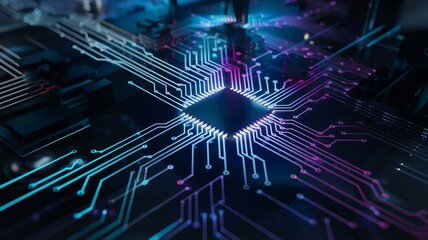 A vibrant and abstract depiction of a circuit board, highlighting the intricate pathways of technology with neon colors. Perfect for illustrating modern tech themes and digital innovation concepts.