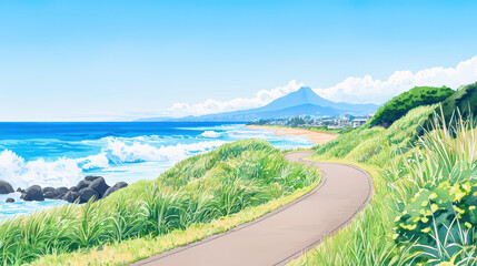 serene coastal pathway overlooking waves and mountains, surrounded by lush greenery and clear blue sky, invites tranquility and exploration