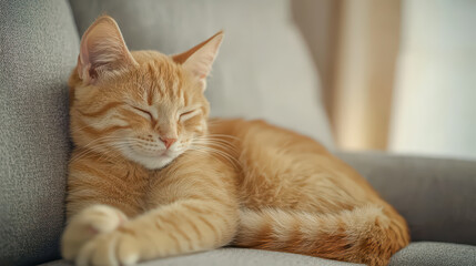 serene ginger cat napping peacefully on cozy sofa, exuding tranquility and comfort. This adorable feline enjoys restful moment in warm, inviting space