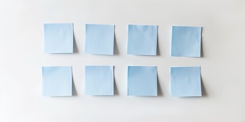 A minimalist arrangement of eight pastel blue sticky notes neatly aligned on a white surface. Perfect for themes of organization, creativity, planning, and simplicity in design