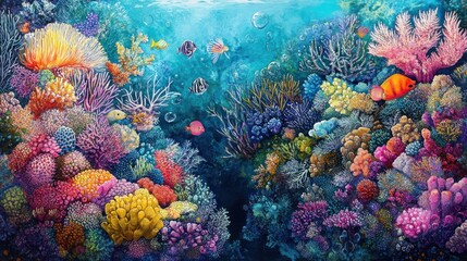 Vibrant coral reef teeming with diverse fish and colorful corals.