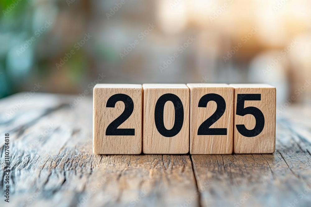 Poster wooden blocks displaying 2025 on rustic surface with blurred background