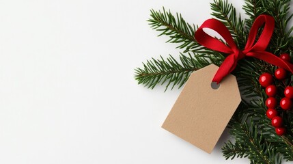 Christmas card, holiday greeting, gift tag; red ribbon, white background 