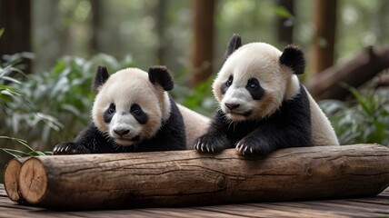 Obraz premium Playful Panda Cubs Resting on a Log