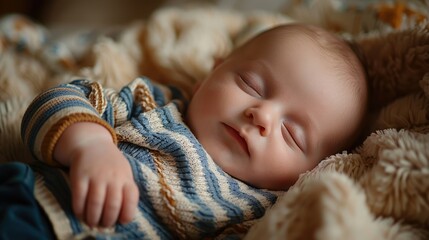 A peaceful sleeping baby on a cozy blanket, exuding innocence and tranquility.