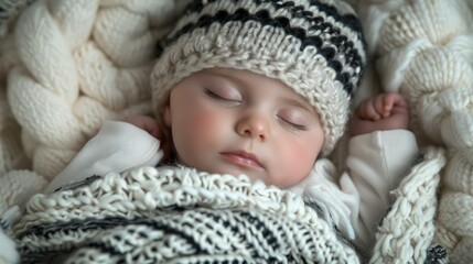 A peaceful sleeping baby wrapped in a cozy knitted blanket and hat.