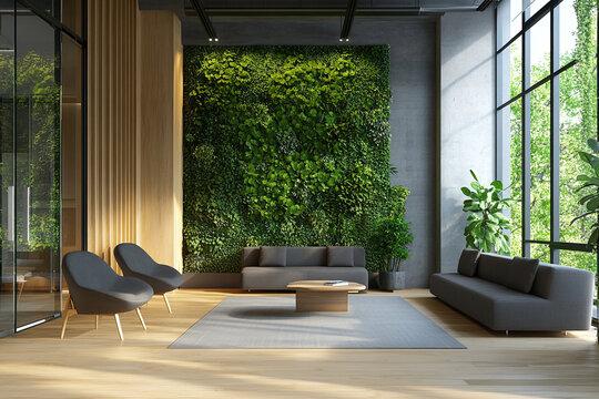 Organic fresh greenery living or office spaces, wall with decorative moss armchairs, sofa and table. Generic concept image of decorative moss that is used for interior design.