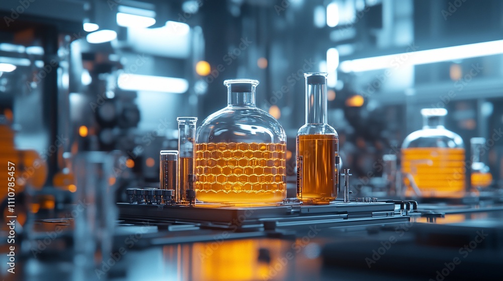 Poster illuminated amber liquid in glass flask and beakers in a modern laboratory setting.
