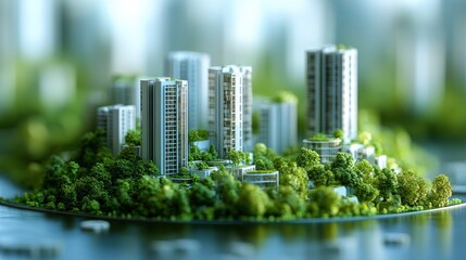 Fototapeta premium A miniature model of modern buildings surrounded by greenery, representing urban development.