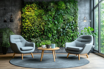 Organic fresh greenery living or office spaces, wall with decorative moss armchairs and table. Generic concept image of decorative moss that is used for interior design.