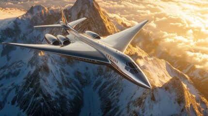 Fototapeta premium Futuristic supersonic jet flying over snowy mountains at sunset.