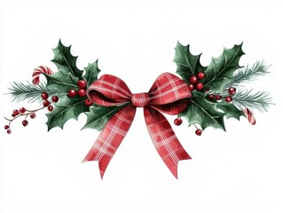 A festive arrangement featuring a red plaid bow, holly leaves, berries, and candy canes, perfect for Christmas decoration.