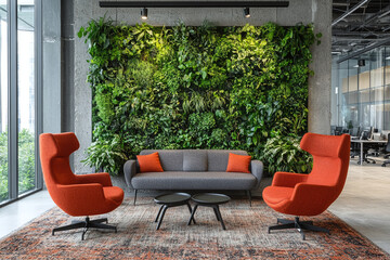 Organic fresh greenery living or office spaces, wall with decorative moss armchairs, sofa and table. Generic concept image of decorative moss that is used for interior design.