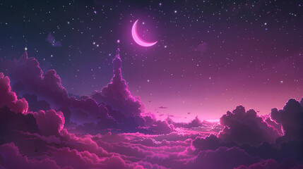 Fototapeta premium Anime-inspired pink and purple sky with a crescent moon, clouds, and stars - a lo-fi anime background, cute.