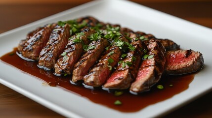 A beautifully plated grilled steak garnished with herbs and sauce.