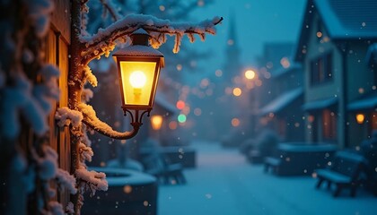 A glowing streetlamp surrounded by softly falling snow in a quiet town street. The warm light of the lamp contrasts with the cold, snowy evening, creating a magical winter ambiance