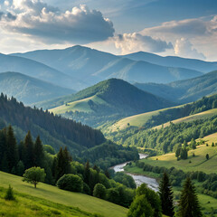 A stunning green landscape showcasing lush vegetation, vibrant plants,