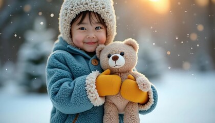 Close-up of small hands in colorful winter mittens gently holding a festive ornament or a soft toy. The background shows a snowy outdoor setting with falling snowflakes and a hint of evergreen trees