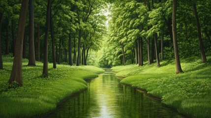 Obraz premium Forest creek scene, warm sunlight, green, brown, gold, serene atmosphere 