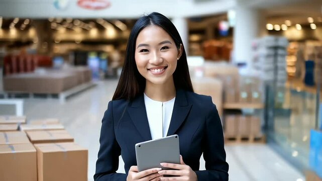 Asian businesswoman manager, smiling confidently, holds a digital tablet while standing in a retail shopping center surrounded by packages ready for shipment