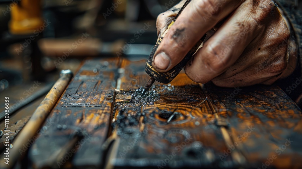Poster close-up of hands using a rotary tool to carve intricate details into dark wood.