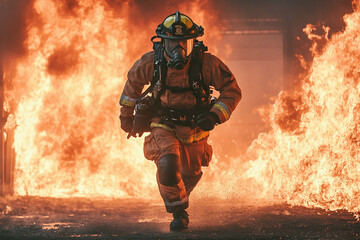 Fototapeta premium Firefighter in full protective gear walking brave through of a burning building interior, flames and smoke filling around.