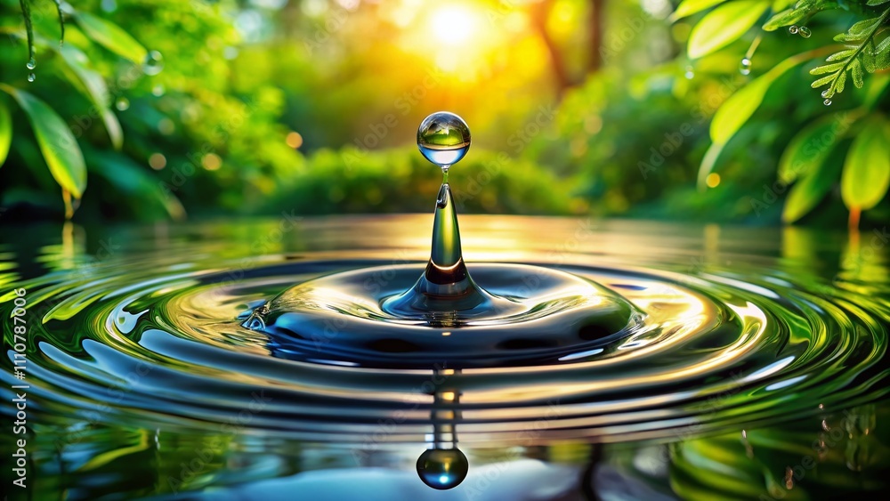 Poster stunning close-up of a water drop creating circular waves in a serene natural landscape with reflect