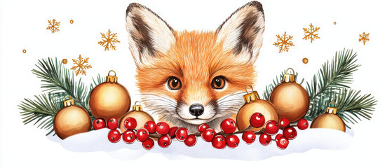 Fototapeta premium Charming fox illustration with festive decorations, ornaments, and snow. This delightful artwork captures spirit of season with vibrant colors and joyful elements