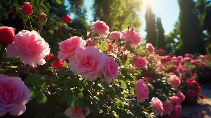 A photo of a vibrant rose garden in full bloom.