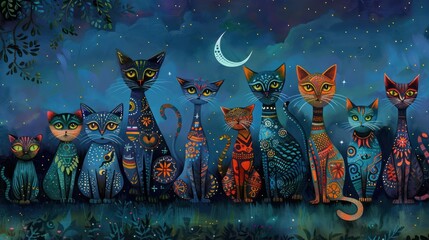 A group of cats in folk art style each unique with long and cute necks against a starry night and moonlight background.
