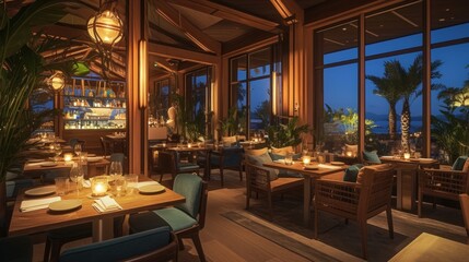Fototapeta premium Luxurious beachfront restaurant interior at night.
