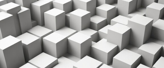 Obraz premium Geometric 3D cube pattern with square tiles, perfect for modern design backgrounds,Dynamic Abstract 3D White Geometric Cubes Popping Out from White Wall – Minimalist Modern Digital Art for Architectur