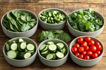 Obraz premium Assortment of Fresh Vegetables in Bowls: A Vibrant and Healthy Meal Prep