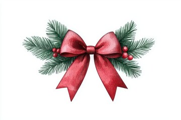 A festive red bow adorned with greenery and berries, perfect for holiday decorations and Christmas celebrations.