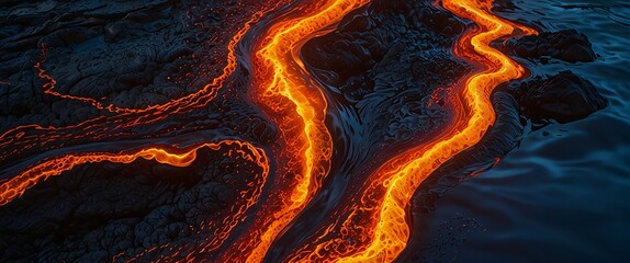 Fiery Molten Lava Flowing Over Rugged Volcanic Rock at Night