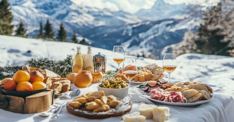 Fototapeta premium Traditional Italian food outdoor in sunny winter day. AI generated illustration.