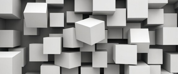 Geometric 3D cube pattern with square tiles, perfect for modern design backgrounds,Dynamic Abstract 3D White Geometric Cubes Popping Out from White Wall – Minimalist Modern Digital Art for Architectur