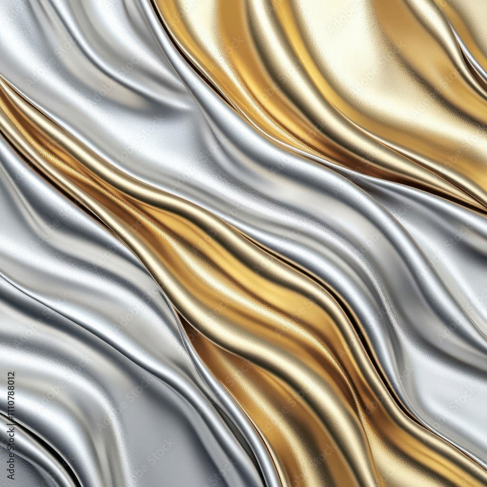 Poster a smooth, flowing metallic texture featuring silver and gold waves, creating a dynamic and elegant v