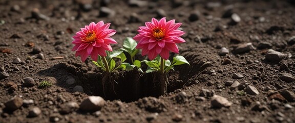 Dahlia roots emerging through the soil surface , root development, plant growth, plant life