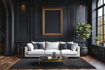 Composition of modern hotel lounge area interior with beige sideboard sofa with black wall, copy space, wooden coffee table, plant and home decor accessories. Cozy interior décor. 