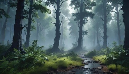 Obraz premium Dark blue mist rising from a tranquil forest floor amidst lush green foliage, dark blue misty forest floor, enchanting landscape, mystical scene