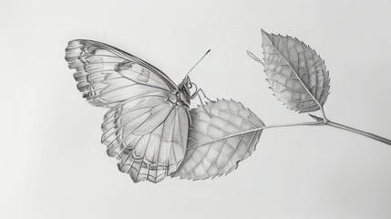 Obraz premium Monochrome sketch of butterfly on leaves.