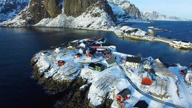 Aerial view of Lofoten island Norway. winter fly on fishing village of Hamnoy 