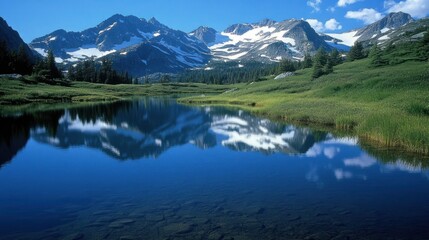 Serene mountain lake reflecting snow-capped peaks under a vibrant blue sky.