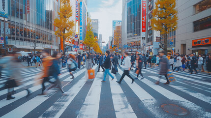 Obraz premium Blurred Crowd of unrecognizable business people walking on Zebra crossing in rush hour working day, blur business and people, lifestyle and leisure 